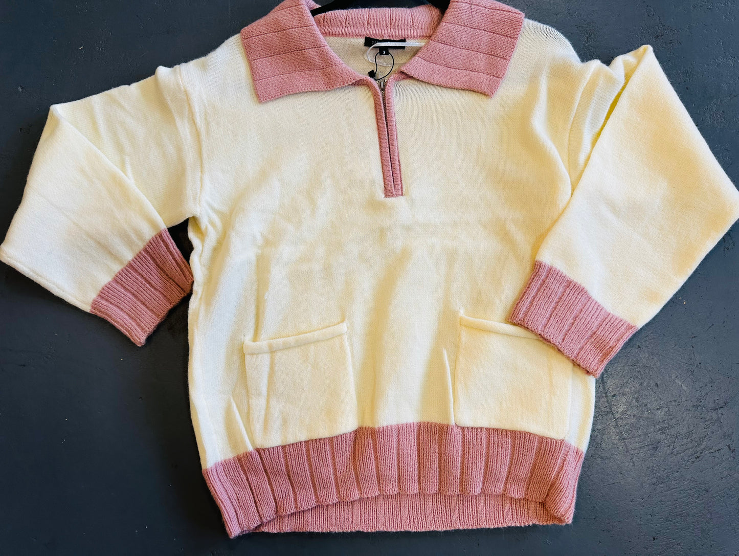 Pink Zipper Big Collar Sweater