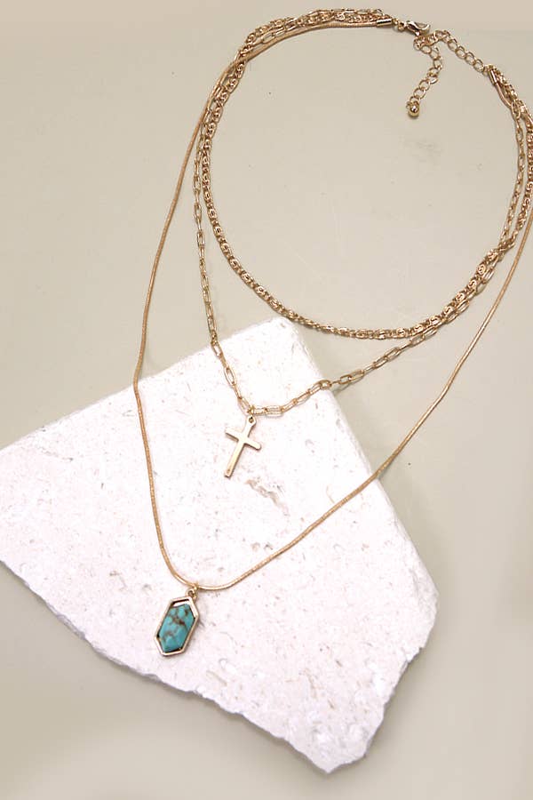 CROSS STONE MULTI LAYER CHAIN NECKLACE