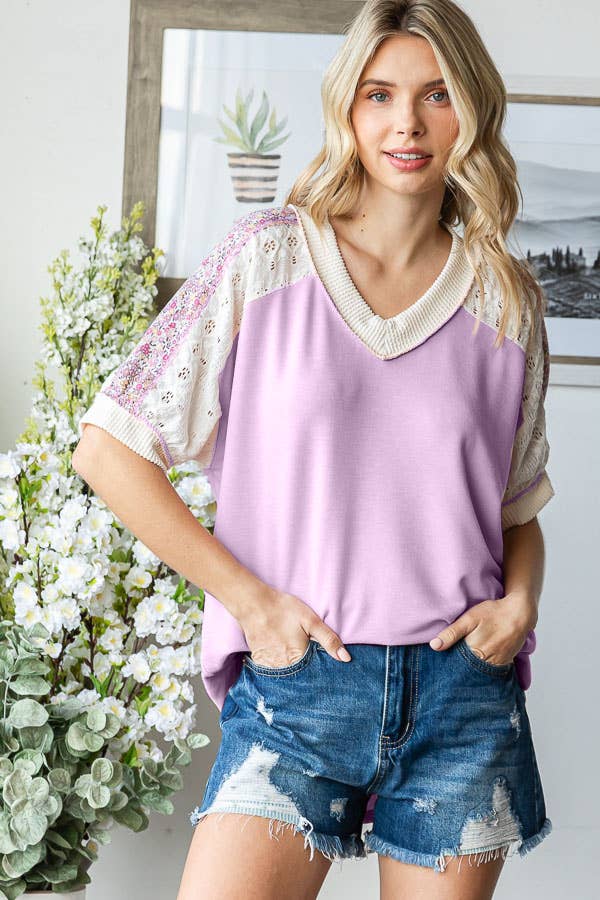V-Neck Top with Floral Contrast