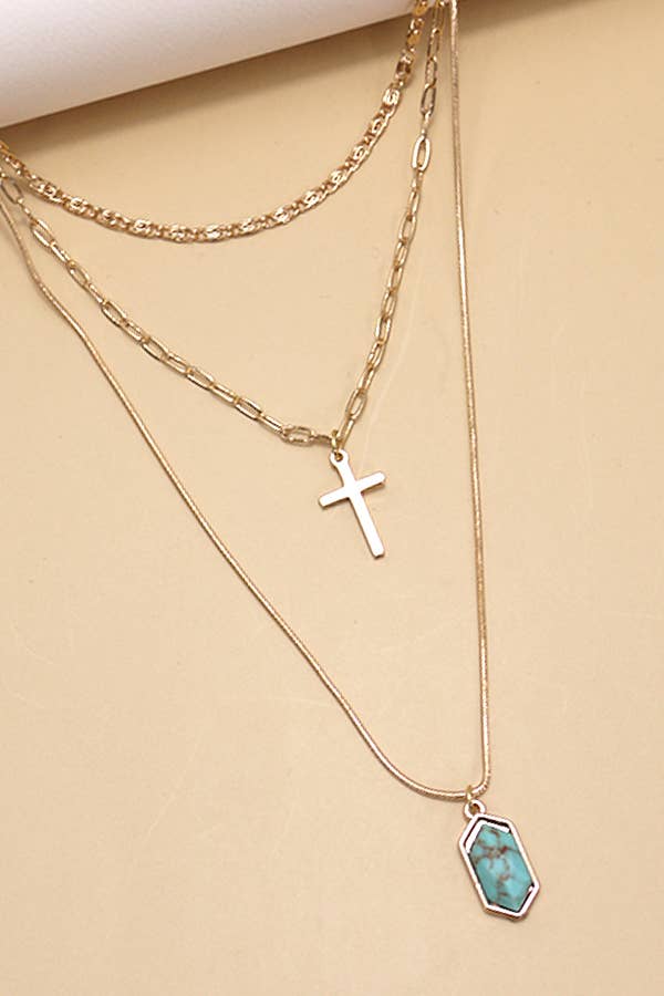 CROSS STONE MULTI LAYER CHAIN NECKLACE