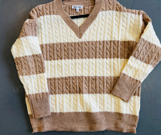 Cream V-Neck Striped Sweater