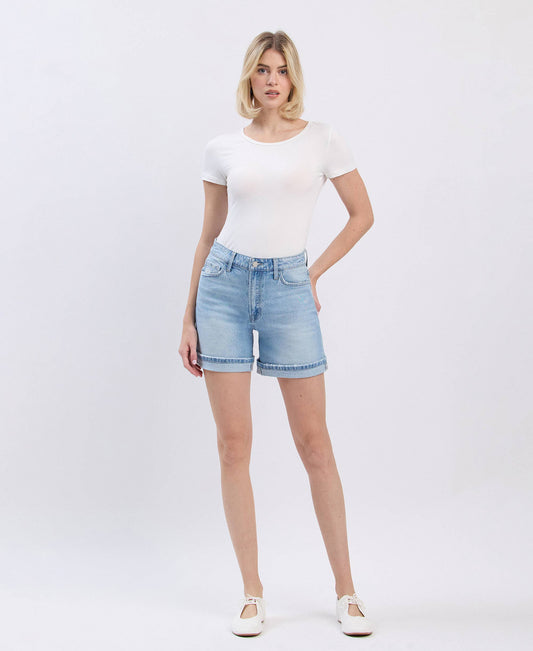 SUPER HIGH RISE MIDI DENIM SHORTS