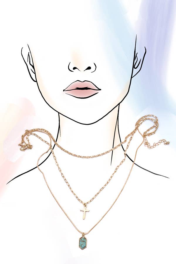 CROSS STONE MULTI LAYER CHAIN NECKLACE