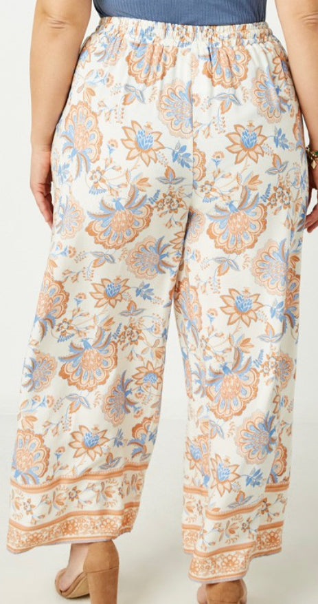 Curvy Floral Border Printed Wide Leg Pants