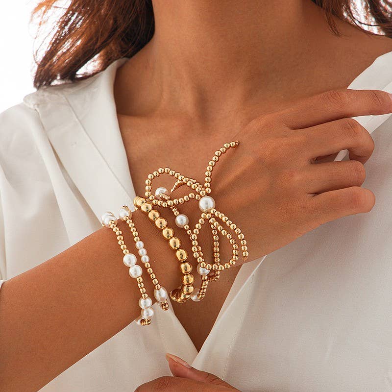 MULTI LAYER BALL CHAIN BEAD PEARL BOW BRACELET