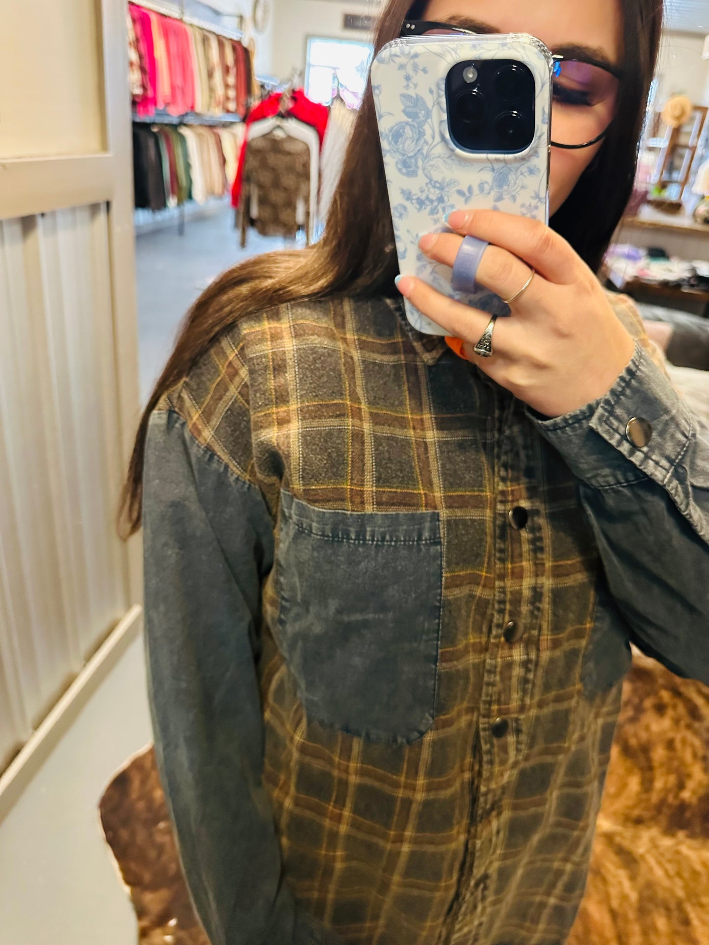 Navy Plaid Washed Button-down Shirt