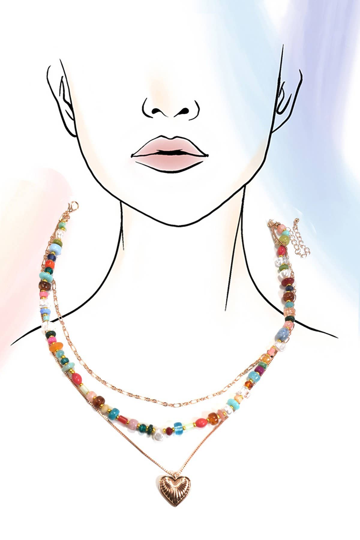 MULTI LAYERED BEADED HEART CHARM NECKLACE