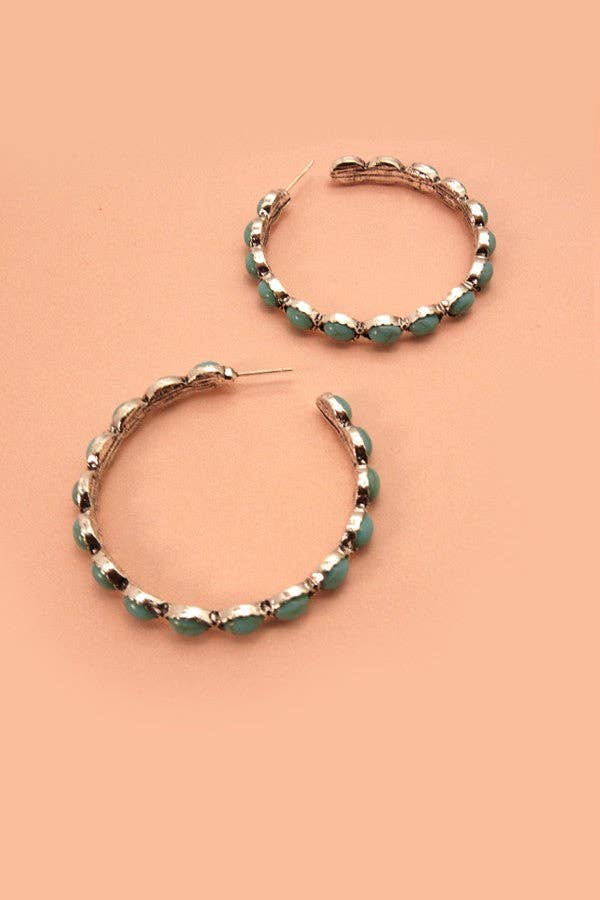 WESTERN TURQ STONE HOOP EARRINGS