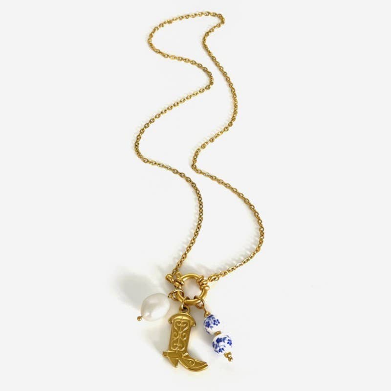 WESTERN FLORAL PORCELAIN PEARL CHARM NECKLACE