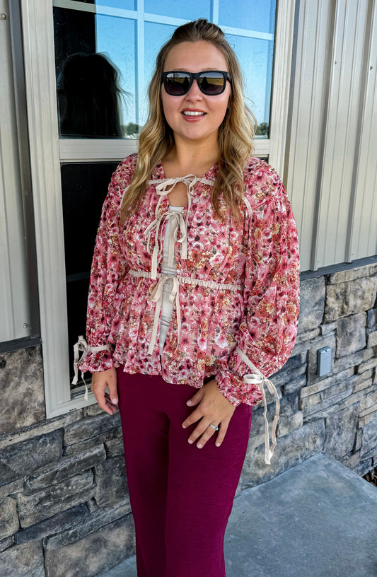 Floral Print Tie Front Blouse