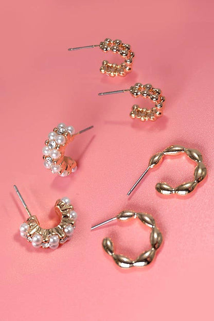 TRIO PEARL LINK BEAN HUGGIE HOOP EARRINGS SET of 3