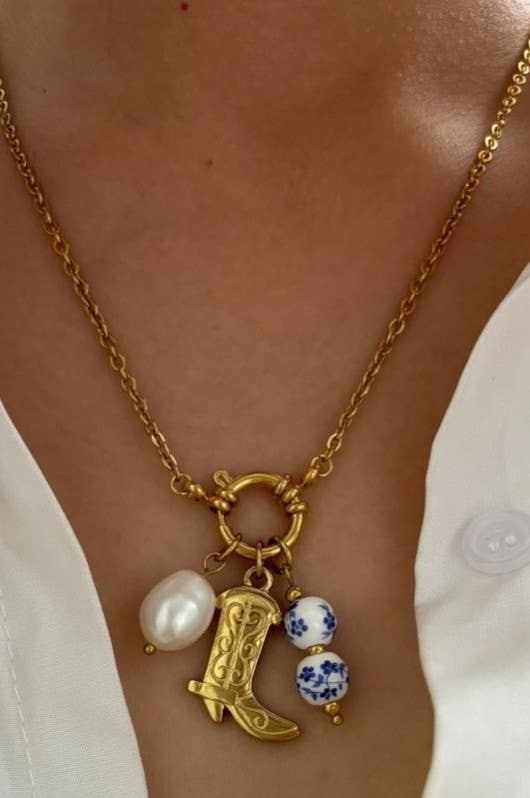 WESTERN FLORAL PORCELAIN PEARL CHARM NECKLACE
