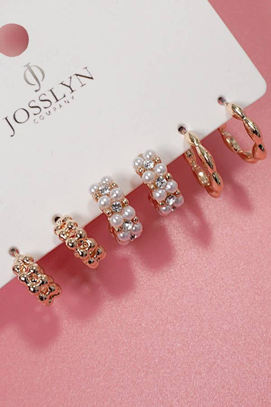 TRIO PEARL LINK BEAN HUGGIE HOOP EARRINGS SET of 3